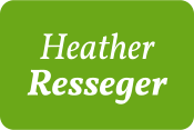 Heather Resseger&#39;s name in white on a grass green background.