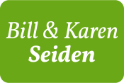 Bill and Karen Seiden&#39;s name in white on a grass green background.