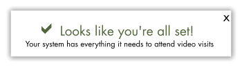 Screenshot of step two in getting ready for video visits. Image shows a pop up window that says: Looks like you're all set! Your system has everything it needs to attend video visits.